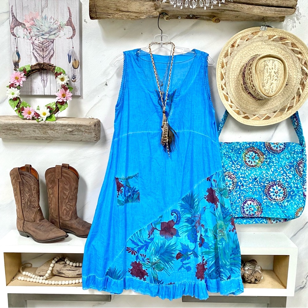 Sleeveless Boho Midi Dress in Bright Turquoise Blue